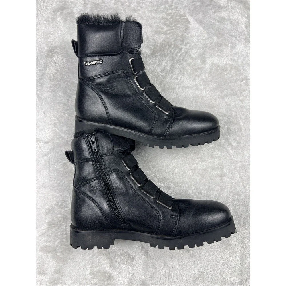BEARPAW Vivian BOOT 7 Black SHEEP Nappa LEATHER Ankle Short Hiking Biker Fur
